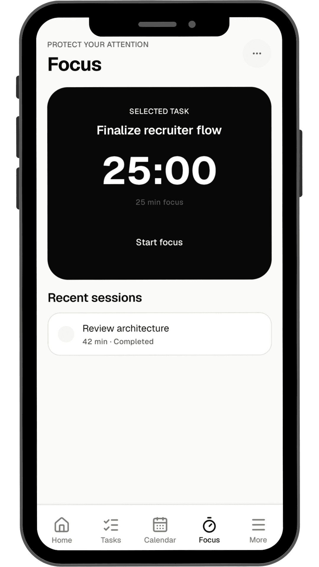 MOVRYA Focus screen with a selected task and focus timer