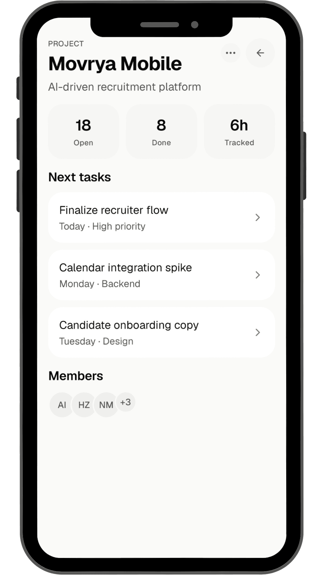 MOVRYA project progress screen showing tasks, tracked time, and members