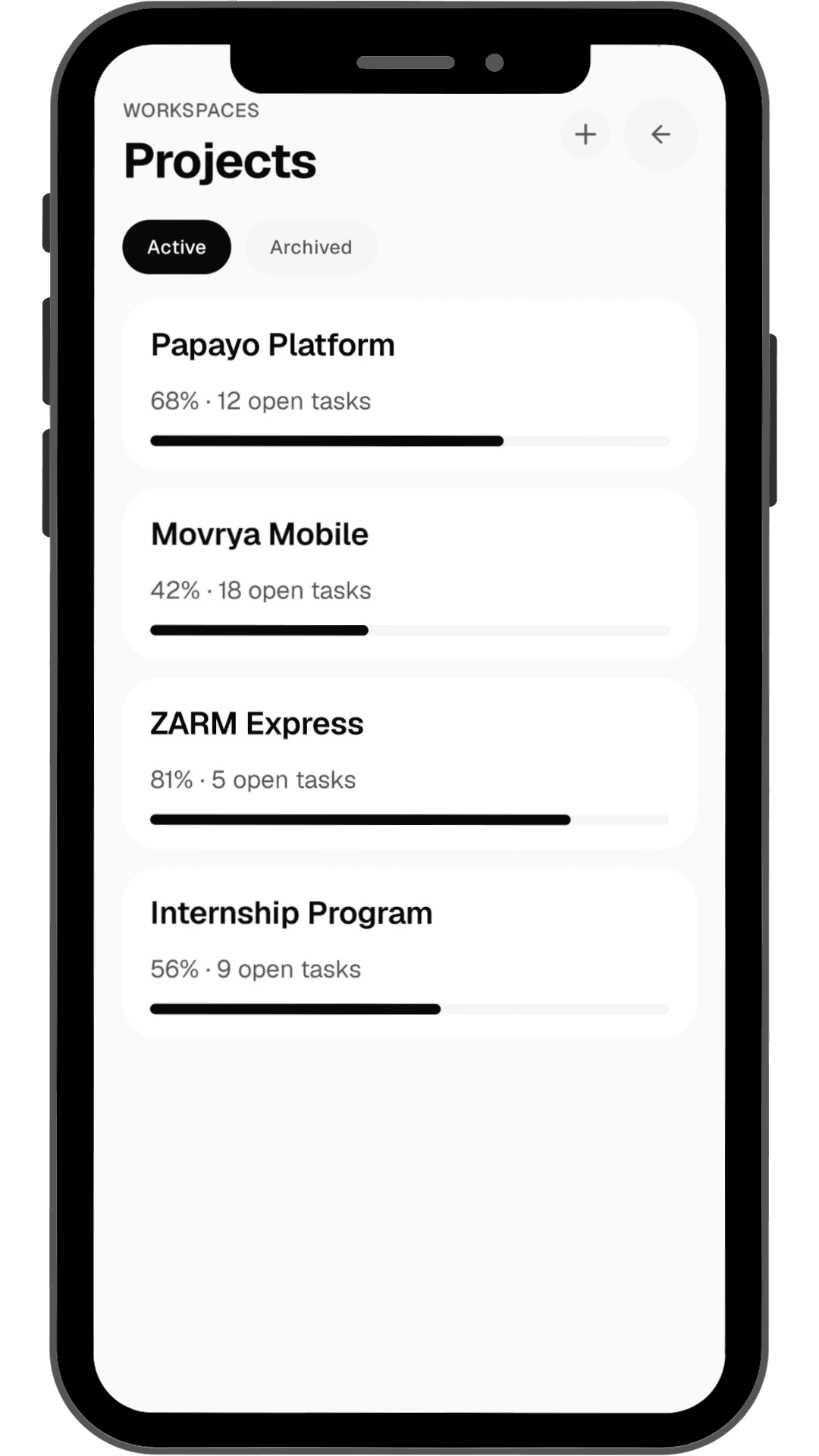 MOVRYA Projects screen showing active projects and their progress