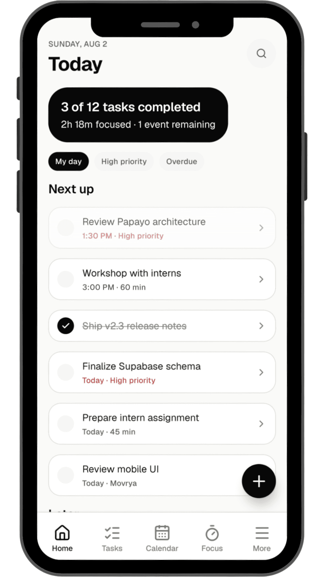 MOVRYA Today screen showing daily tasks and focused time